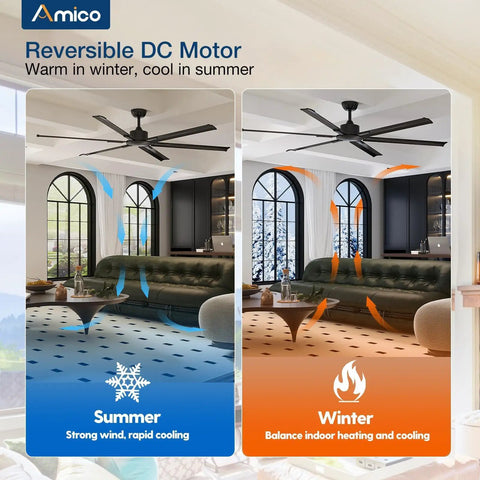 100 Inch Ceiling Fan Without Lights With Remote Control For Indoor Outdoor Use Reversible 6 Blade Industrial Black Ceiling Fan Quiet Noiseless Performance For Patio Porch Garage Shop showcasing summer and winter airflow adjustment in living room.