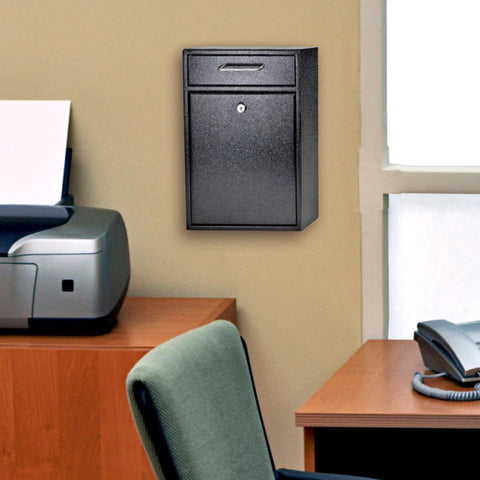 Rugged High Security Steel Locking Wall Mounted Mailbox Drop Box With Anti Pry Latch in an office setting, black finish