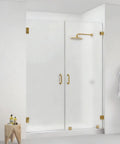 Glass shower with Brass Shower Door Hinge With 90 Degree Offset For Frameless Glass, gold finish hardware visible in modern bathroom