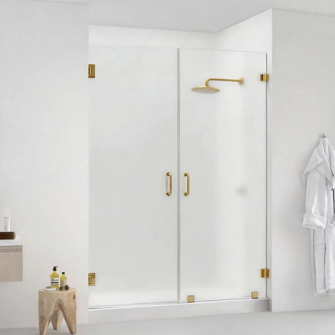 Glass shower with Brass Shower Door Hinge With 90 Degree Offset For Frameless Glass, gold finish hardware visible in modern bathroom
