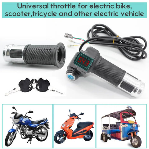 Universal 12V To 84V E-Bike Throttle Grip With Key And LCD Battery Voltage Display, Fits Motorbike And Electric Scooter, Easy Install, Durable Silver Finish, Real Time Voltage Readout For Smooth Confident Rides