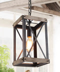 Farmhouse Pendant Light With Rustic Wood Cage And Matte Black Iron Frame Delivers A Dope Industrial Rectangular Chandelier Vibe For Kitchen Island Entryway Foyer Living Room And Dining Area Brown Finish, showing single light bulb and chain.