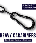 Close-up of All Weather 304 Stainless Gate Chain With M7 Carabiners 550 Pounds Capacity, black heavy carbiner attached