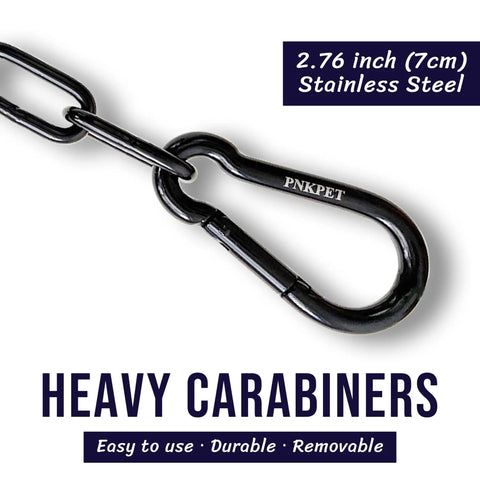 Close-up of All Weather 304 Stainless Gate Chain With M7 Carabiners 550 Pounds Capacity, black heavy carbiner attached