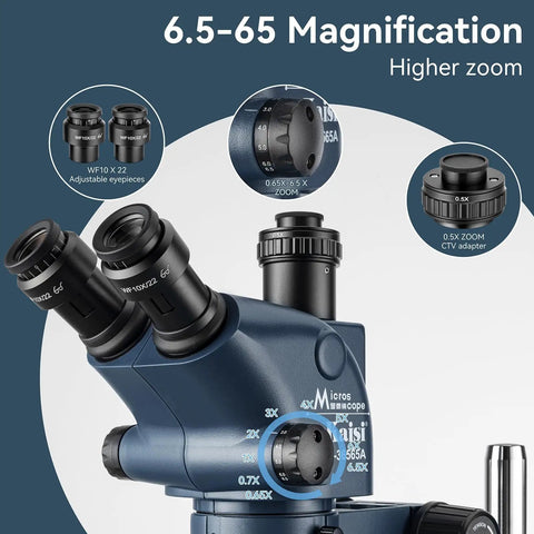 Pro Grade Trinocular Stereo Microscope For Watch Repair Soldering And PCB Work With Six Point Five To Sixty Five Times Continuous Zoom And Telescopic Stand Great For Jewelry Inlay Engraving And Fine Detail Cleaning And Inspection, 6.5-65x zoom knob