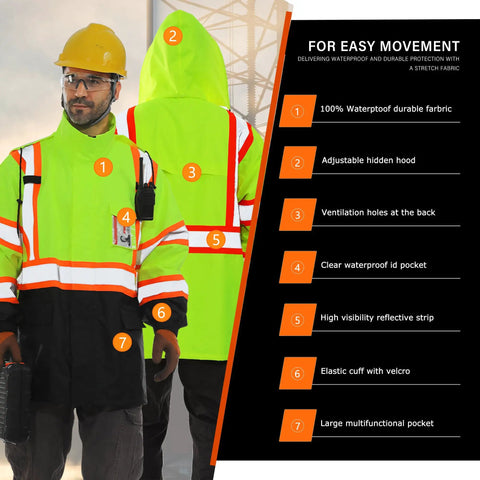 Mens Class 3 Hi Vis Rain Jacket Waterproof Safety Coat Reflective Work Gear Lightweight Yellow And Black Bottom Built Tough All Season Coverage You Can Trust For Daily Shifts