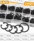 Internal Circlip Snap Retaining Ring Set 8-24mm Carbon Steel Kit With 240 Pieces 8-18mm, organized in plastic case