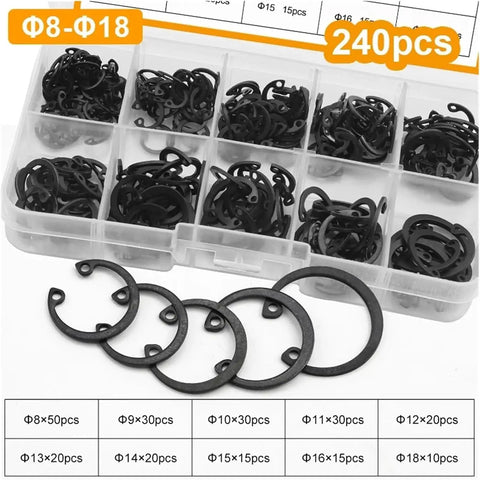 Internal Circlip Snap Retaining Ring Set 8-24mm Carbon Steel Kit With 240 Pieces 8-18mm, organized in plastic case