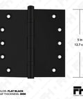 Heavy Duty Ball Bearing Door Hinges 5 By 5 Inch Matte Black Set Of 24 Solid Brass Flat Black Hinges, front view showing size and thickness