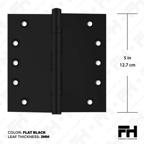 Heavy Duty Ball Bearing Door Hinges 5 By 5 Inch Matte Black Set Of 24 Solid Brass Flat Black Hinges, front view showing size and thickness