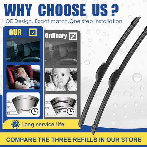 Image comparing our OE windshield wiper blades with ordinary ones, highlighting long service life and easy installation.