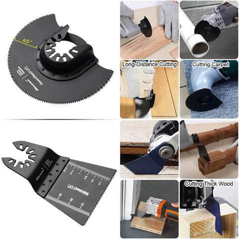 40 Piece Oscillating Saw Blade Kit For Multitool With Wood Metal Plastic Blades Includes 10 Interchangeable Cuts For Dewalt Worx Milwaukee Makita Ryobi Bosch And More For DIY Pros with various cutting applications displayed