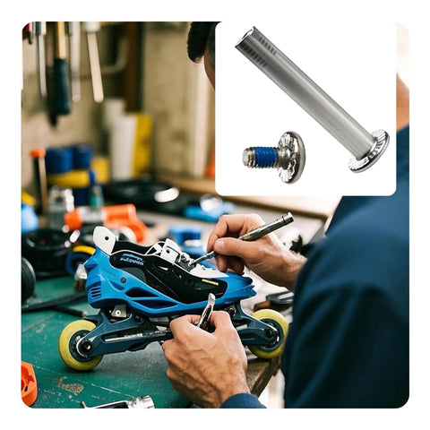 A person repairing roller blades using Inline Skate Replacement Screws Kit 12Pcs, 6mm Shaft Hex Socket Screws on a workbench.