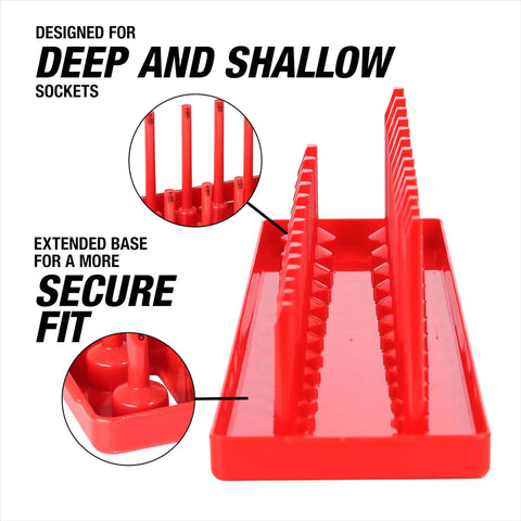 Red tray for deep and shallow sockets, part of Six Piece SAE And Metric Socket Tray Set For Quarter, Three Eighths, And Half Inch Drives
