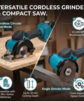Heavy Duty Cordless Mini Circular Saw and Angle Grinder With Brushless Motor Running 12000 RPM and Three Speed Settings for Lightning Fast Cuts Through Wood Metal and Tile, showing dual modes.