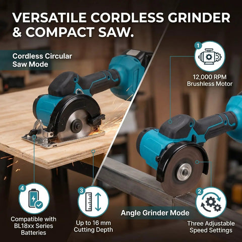 Cordless 2 In 1 Mini Circular Saw And Angle Grinder With A Brushless Motor 12000 Rpm shown cutting wood and grinding metal.