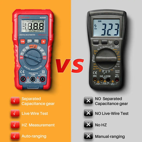 Comparison between Handy Digital Multimeter M2K0R with Auto Ranging DC and AC Voltmeter and a manual-ranging multimeter.
