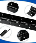 Close-up view of Heavy Duty Top Shelf Black Piano Hinge 48 Inches X 3 Inches Wide Stainless Steel with installation holes.