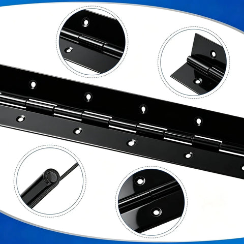 Close-up view of Heavy Duty Top Shelf Black Piano Hinge 48 Inches X 3 Inches Wide Stainless Steel with installation holes.