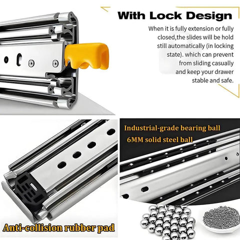 16-Inch Full Extension Drawer Slides With 500 LB Capacity, side mount ball bearing rails with lock design and steel balls