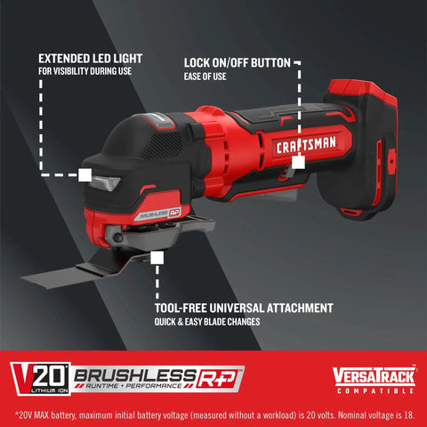 V20 Cordless Oscillating Multi Tool With Beast Mode Power Up To 19000 OPM Variable Speed Quick Tool Free Blade Change System Built In LED Light Versatrack Compatibility Bare Tool Only showing tool features and branding.