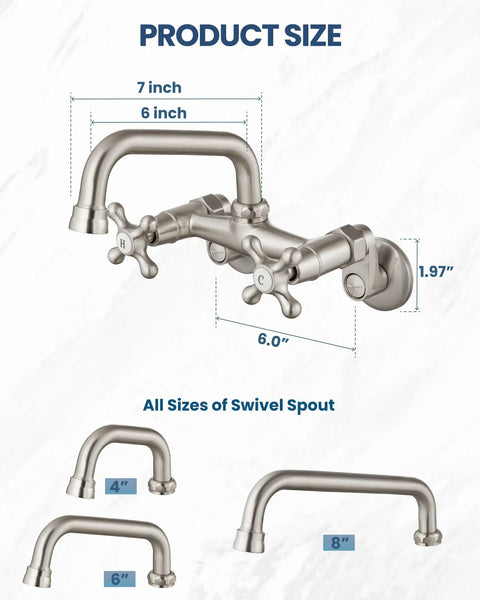 Wall Mount Kitchen Faucet With 6 Inch Spout Brushed Nickel Pro Grade Build Double Handles Hot And Cold Mixer Tap 360 Degree Rotatable 2 Hole Center Set Solid Brass Heavy Duty Restaurant Style Faucet showing dimensions and variations of spout sizes