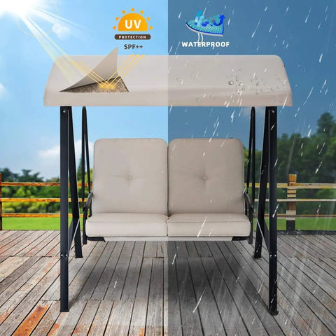 Two Seat Outdoor Patio Swing Chair With Adjustable Canopy Removable Cushions Sturdy 600 Lb Frame for backyard in rain and sun