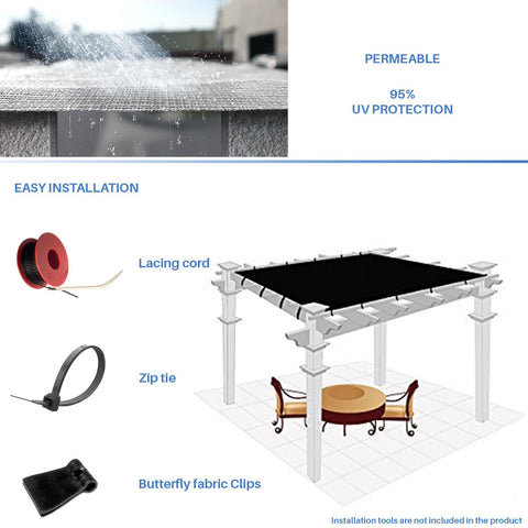 Diagram showing installation of 6 Feet By 30 Feet Sun Shade Fabric Roll For Outdoor Use UV Resistant Breathable 180GSM HDPE Cloth on pergola.