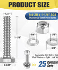 All-In-One Hardware Kit With 25 Sets Of 1/4-20 By 1-1/4 Inch Hex Head Bolts 304 Stainless Steel 18-8 Nuts And Bolts With Flat And Spring Lock Washers Fully Threaded Machine Screws For Automotive And Outdoor Projects