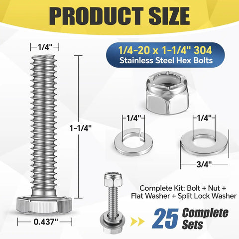 All-In-One Hardware Kit With 25 Sets Of 1/4-20 By 1-1/4 Inch Hex Head Bolts 304 Stainless Steel 18-8 Nuts And Bolts With Flat And Spring Lock Washers Fully Threaded Machine Screws For Automotive And Outdoor Projects