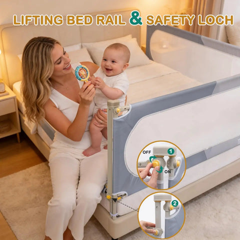 Toddler Bed Rail Guard For Kids Swing Down Safe Guard Rail Fits Queen And Full Size Beds Gray And White Easy Install