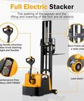 Tory Full Electric Pallet Stackers 1200 Lb Capacity With Tilt Forks, showcasing electric stacker features and design details.