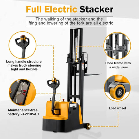 Tory Full Electric Pallet Stackers 1200 Lb Capacity With Tilt Forks, showcasing electric stacker features and design details.