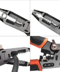 Close-up of 9-In-1 Wire Stripper Tool with pliers, cable cutters and crimping parts for copper and aluminum wires.