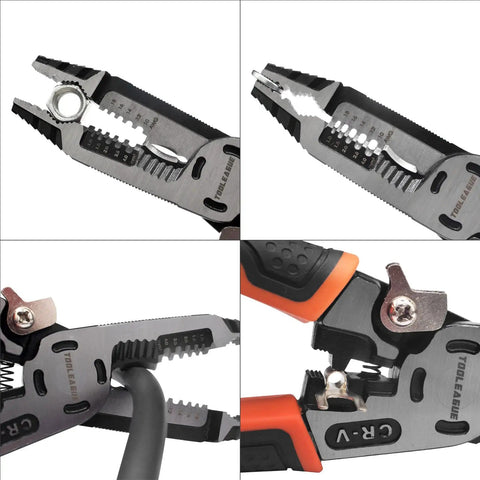 Close-up of 9-In-1 Wire Stripper Tool with pliers, cable cutters and crimping parts for copper and aluminum wires.