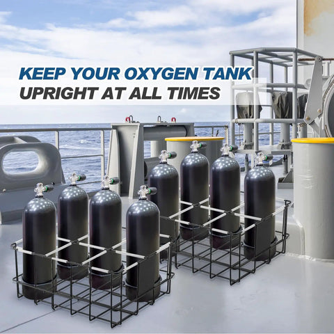 Six Tank Scuba Cylinder Holder Storage Rack With Cushioned Sleeves Prevents Damage For Safe Transport Holds Up To Six Standard Diving Tanks Measuring About 25.8 By 17.3 By 11.1 Inches on ship deck