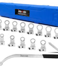 Universal 15 Piece Idler Belt Tensioner Removal Tool Kit for Tight Engine Bays with 12 Point 12-19 mm wrenches in blue case
