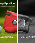 Comparison of golf rangefinder with red Silicone Case For Pro X3 X3 Plus Golf Laser Rangefinder Protective Cover and without on grass.