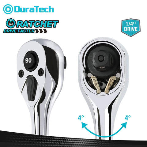 Quarter Inch Drive Ratchet, 90 Tooth Quick Release, Reversible Wrench, Cr V Steel, Full Polish Finish close-up view