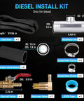 Diesel Gravity Fueled Auxiliary Fuel Tank Installation Kit components: fuel hose, aluminum tee, hose clamps, valves for heavy trucks.