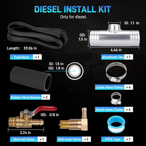 Diesel Gravity Fueled Auxiliary Fuel Tank Installation Kit components: fuel hose, aluminum tee, hose clamps, valves for heavy trucks.