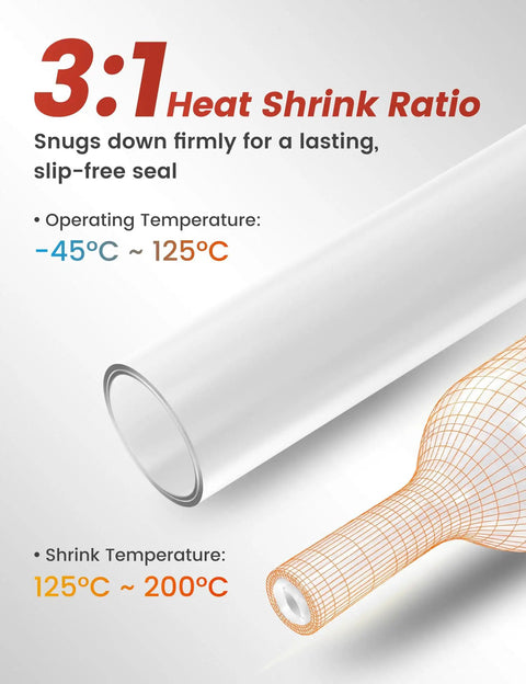 Crystal Clear Heat Shrink Tubing Kit 3 To 1 260 Pieces Waterproof Marine Grade Wire Wrap with temperature details