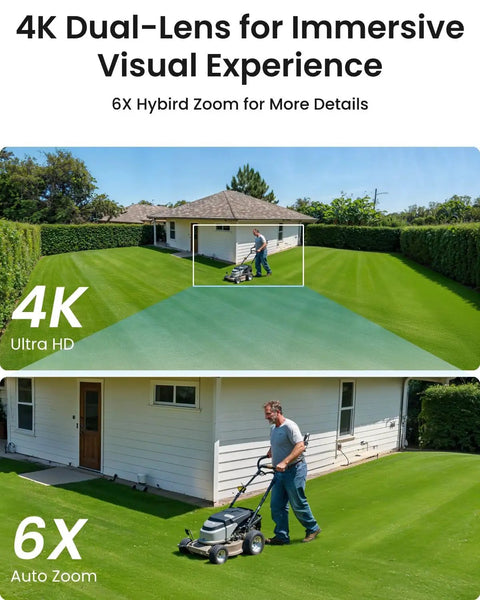 Lawn view showcasing 4K dual-lens and 6X hybrid zoom capability of PTZ 4K PoE Security Camera System With Dual Lens 360 Camera Dope Auto Tracking.