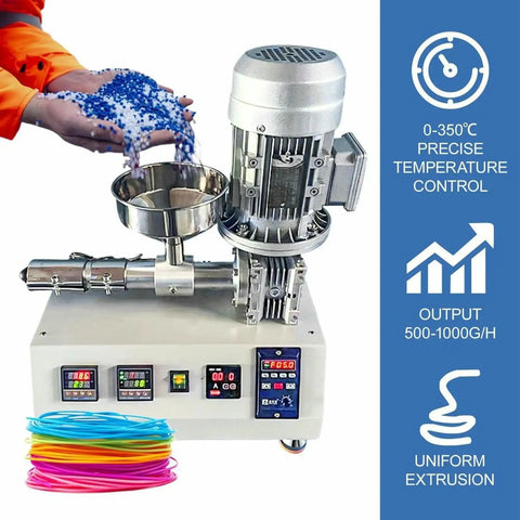 Heavy Duty Desktop Pellet Extruder Built For Slick Filament Casting 1000W showing blue plastic pellets being poured.