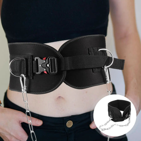Heavy Duty Weightlifting Waist Belt With Thickened Metal Chain for back support in powerlifting, showing black color and chain detail.
