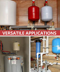 Three compact stainless steel thermal expansion tanks with hammer arrestors for tankless water heaters and beverage appliances.