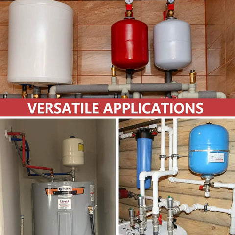 Three compact stainless steel thermal expansion tanks with hammer arrestors for tankless water heaters and beverage appliances.