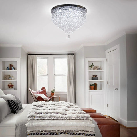 Bedroom with 19.7 Inch Dope Crystal Ceiling Light Flush Mount Chandelier, 5 Tier K9 Crystals, Polished Stainless Steel Finish