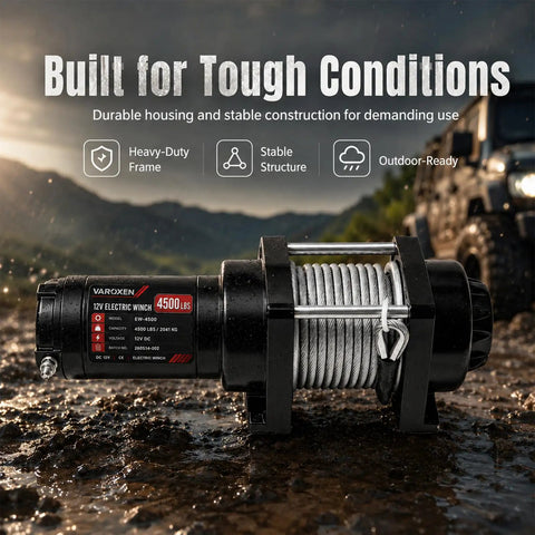 Top Tier 4500Lbs Electric Winch With Heavy Duty Steel Cable And Wired Remote Control against a rugged outdoor backdrop.