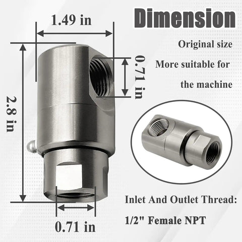 Two Pack 1/2 Inch Hose Reel Swivel Fittings Replacement Made From Ni Al Nickel Aluminum Alloy Durable Metal Corrosion And Rust Resistant Heavy Duty Design For Easy Replacement On Hose Reels And Reel Systems, dimension view with 1/2" female NPT